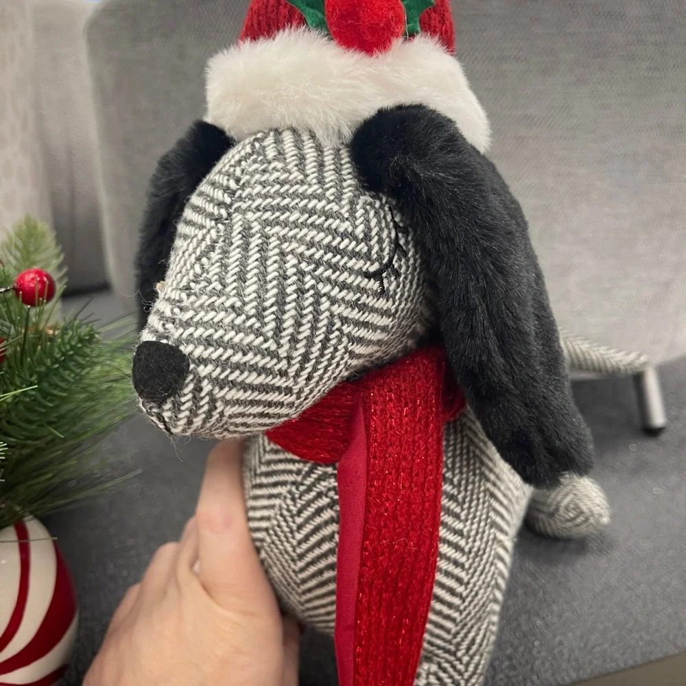 Christmas Dachshund Dog in Santa hat & Scarf Herringbone Plush Pillow NWT